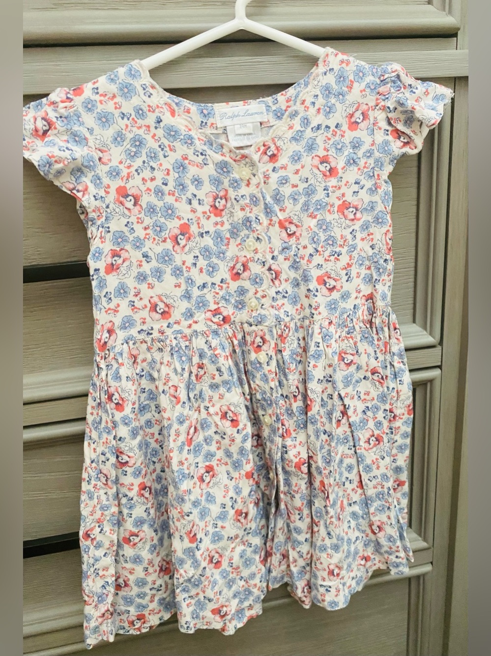 Ralph Lauren Cream Floral Button-Front Girls Dress with Blue & Red Flowers